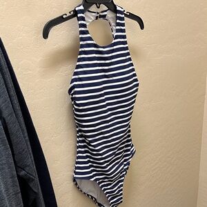 Lands' End Striped Navy and White One Piece Swimsuit